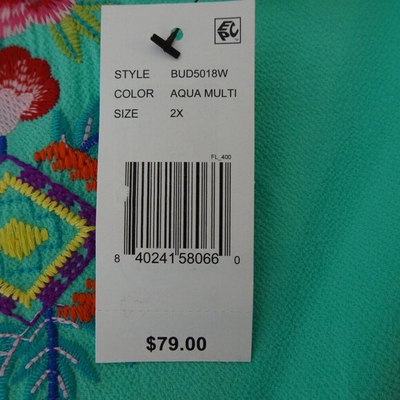 Calessa Embroidered Tunic Top Women's Plus Size 2X Blue Aqua Loose Fit V-Neck - Picture 7 of 10